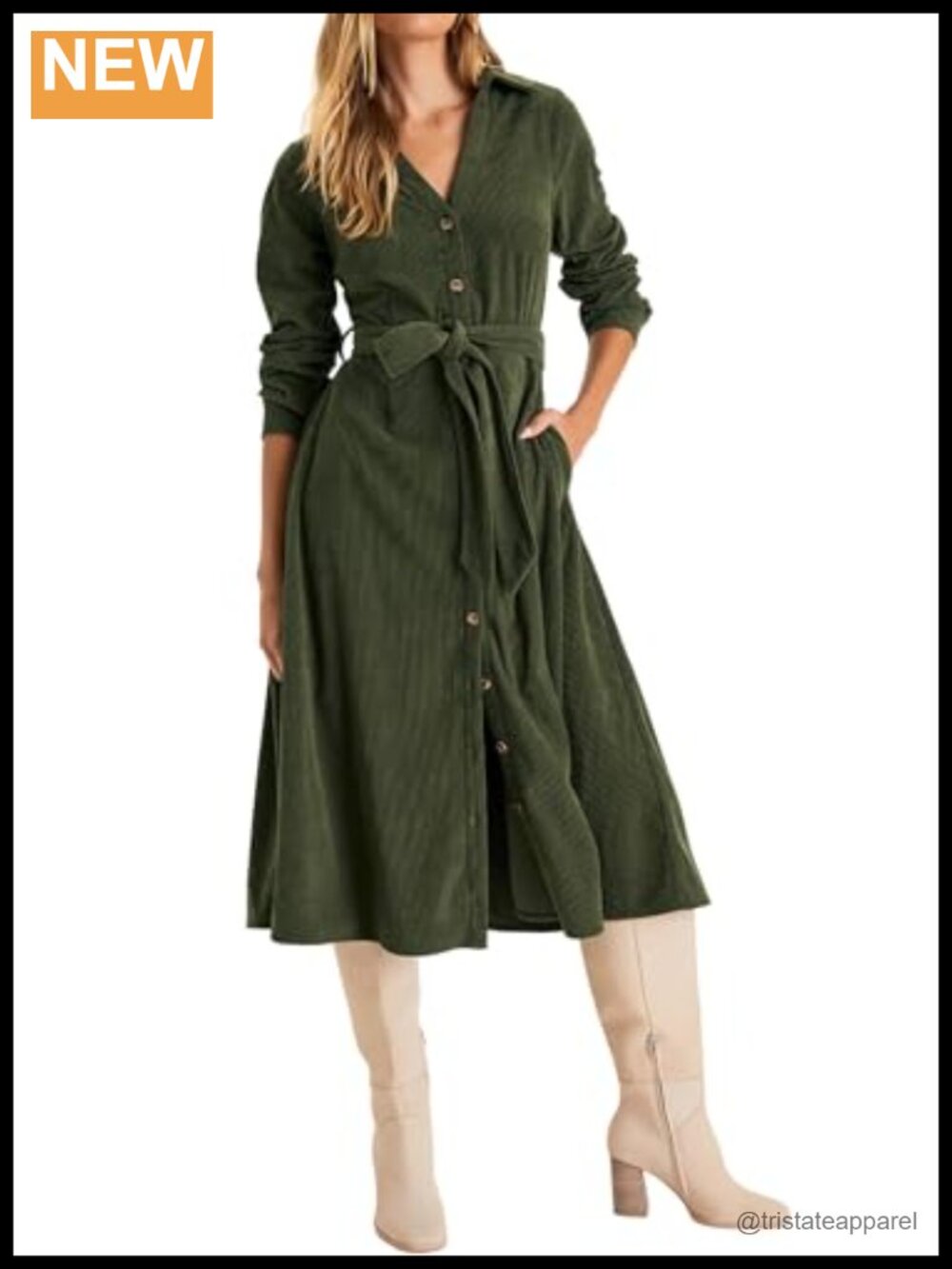 Womens Corduroy Button Down Midi Dress Long Sleeve Fall Winter